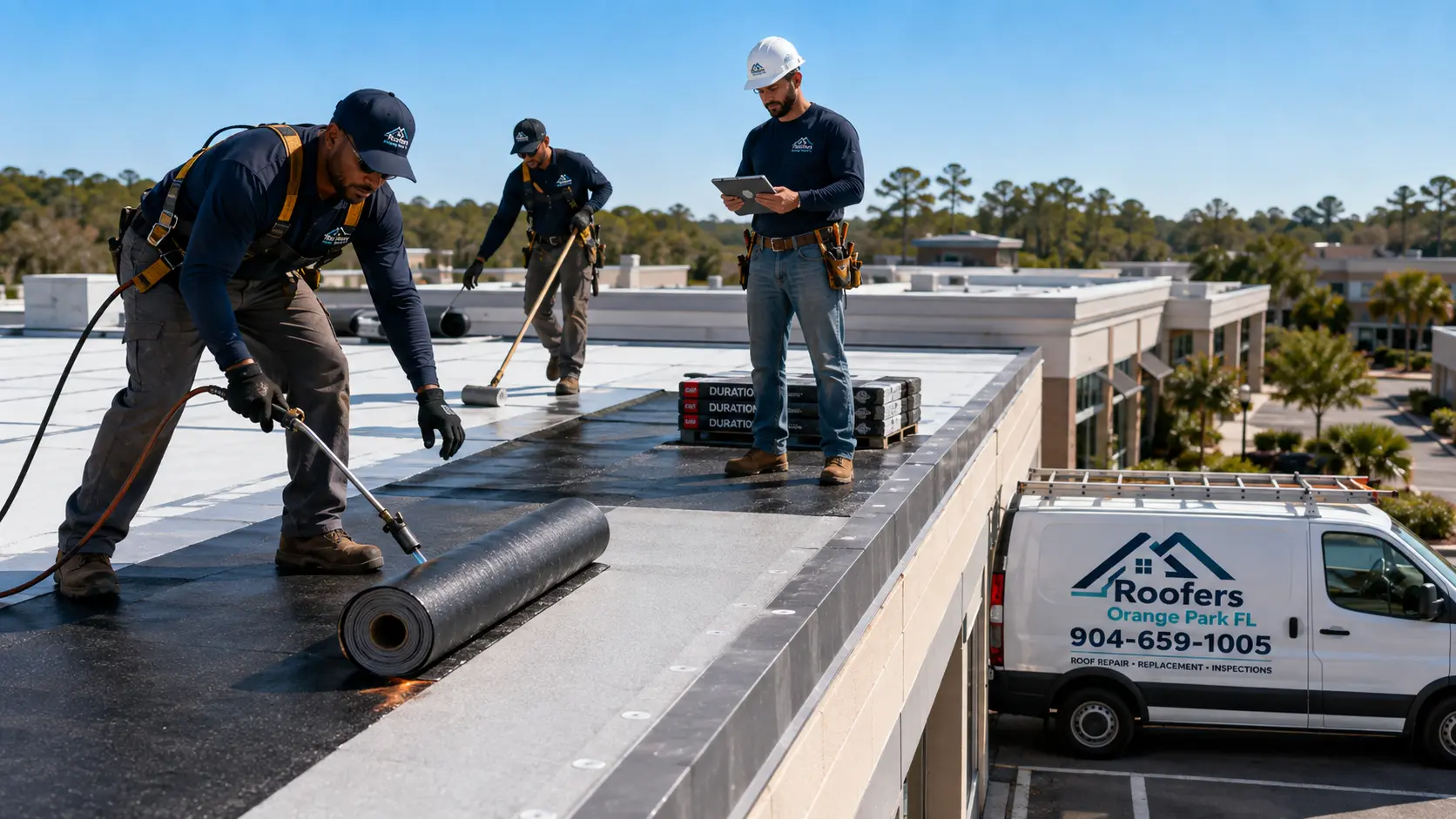 Commercial roofing crew working on a flat low-slope roof in Clay County Florida