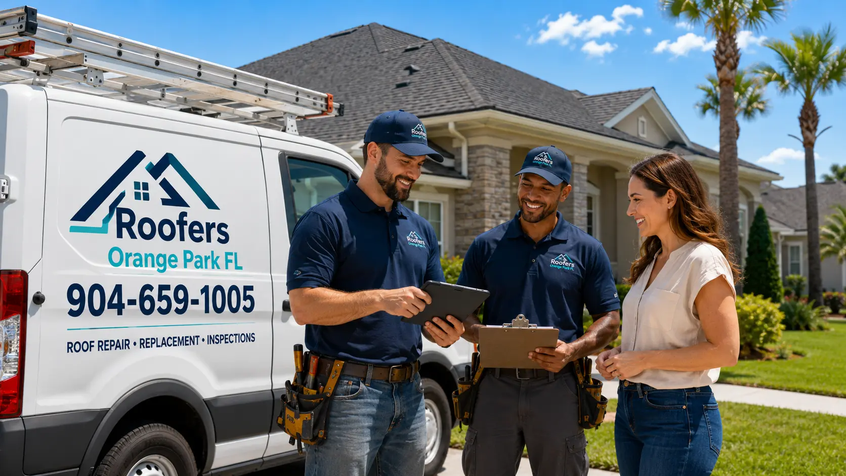 Roofing specialist reviewing a roof replacement plan with an Orange Park Florida homeowner